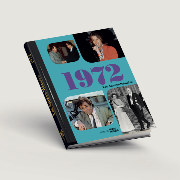 couverture d'un livre relatif à l'année 1970 sur laquelle
                                figurent Gainsbourg, Johnny Halliday, Nixon et pompidou et la
                                première d'un journal faisant état du décès du général de Gaulle