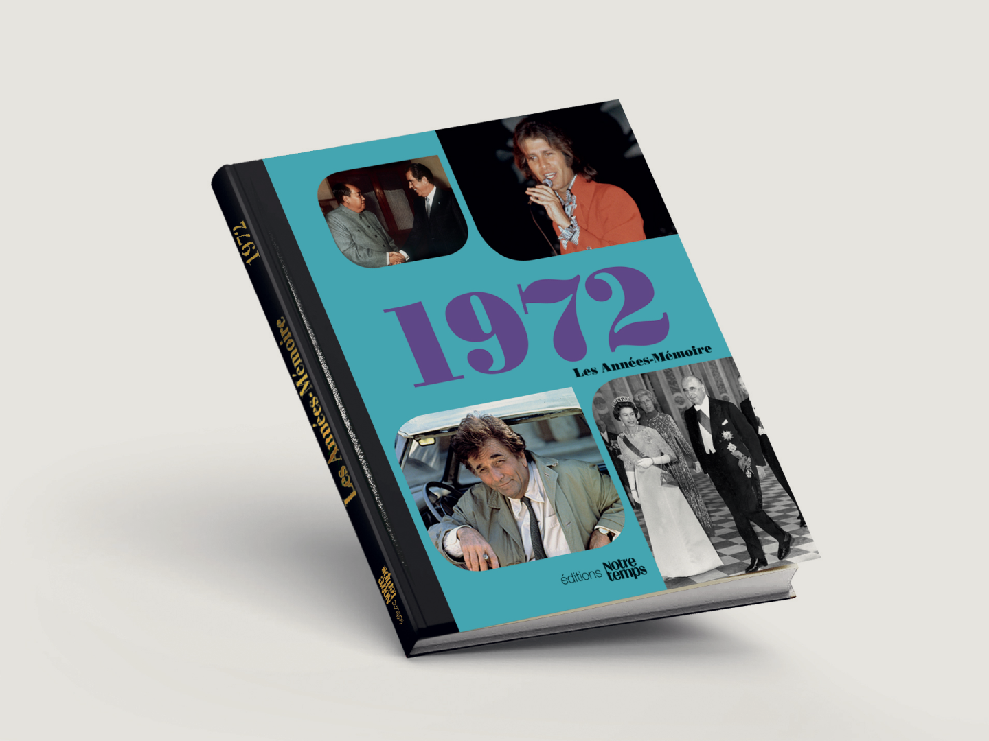 couverture d'un livre relatif à l'année 1970 sur laquelle
                                            figurent Gainsbourg, Johnny Halliday, Nixon et pompidou et la
                                            première d'un journal faisant état du décès du général de Gaulle